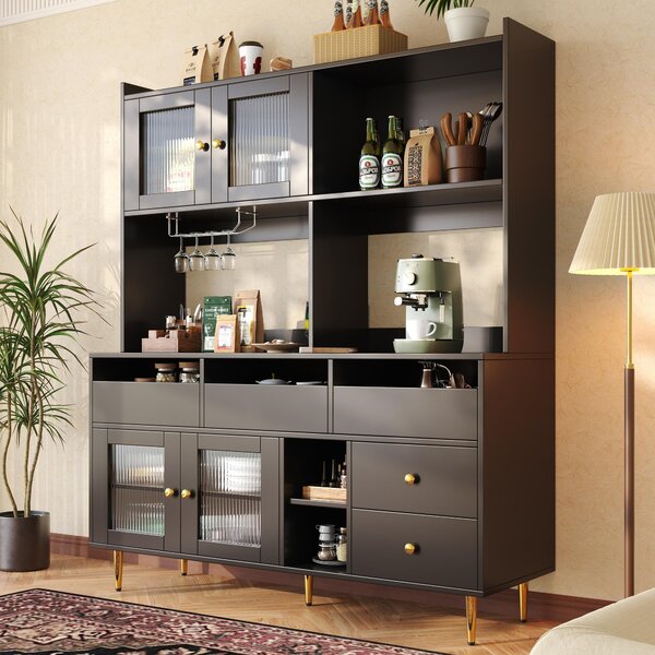 Tall Sideboard Storage Cabinet with Changhong Glass Door & Built-In Wine Rack, Pantry Unit for Living Room, 145x39x171 cm, Black Aosom UK