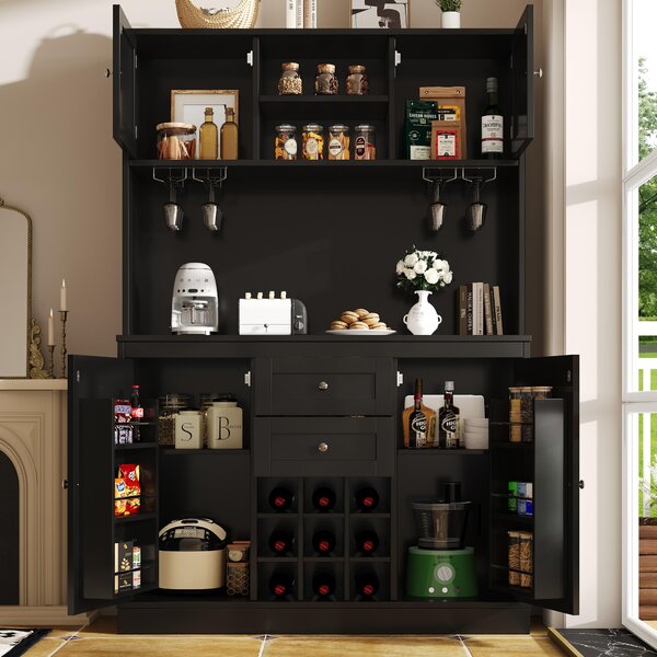 Tall Kitchen Cabinet with 4 Doors & 2 Smooth-Glide Drawers and Adjustable Shelves, Sideboard with Wine Racks, 120L x 40W x 188H cm, Black Aosom UK
