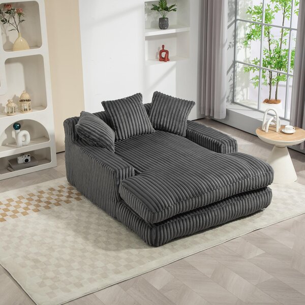 Oversized Chaise Longue Sofa with 3 Throw Cushions and Wide Armrests, Chair with Shredded Memory Foam Seat, 155L x 125W x 63H cm, Dark Gray Aosom UK