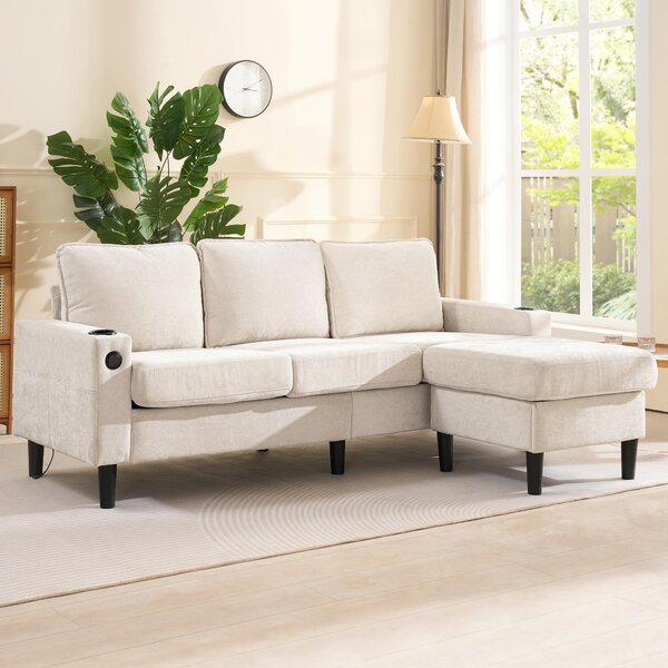 L-Shaped Corner Sofa with USB Charging Ports and Cup Holders, Modular Sofa with Storage Ottoman and Pockets, 202L x 137W x 80H cm, Beige Aosom UK
