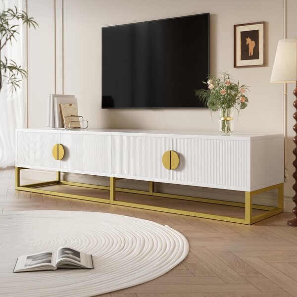4‑Door Modern TV Cabinet with Semi‑Circular Handles and Soft‑Close Hinges, Media Cabinet with Metal Legs, 180L x 40W x 40.5H cm, White Aosom UK