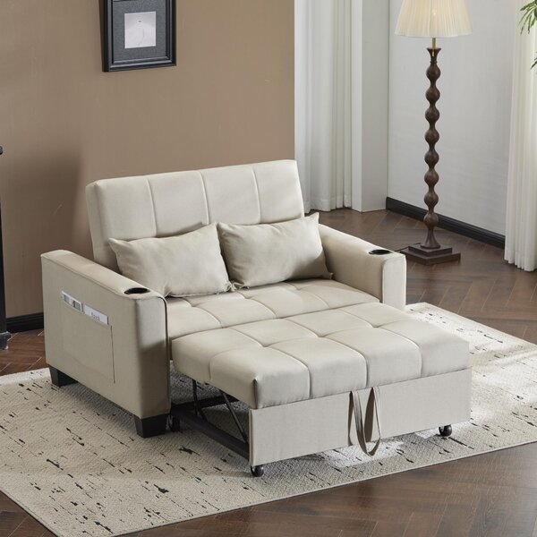 3-In-1 Convertible Pull-Out Sleeper with 3-Position Adjustable Backrest, 2 Seater Sofa Bed for Compact Room, 140L x 96W x 97H cm, Beige Aosom UK