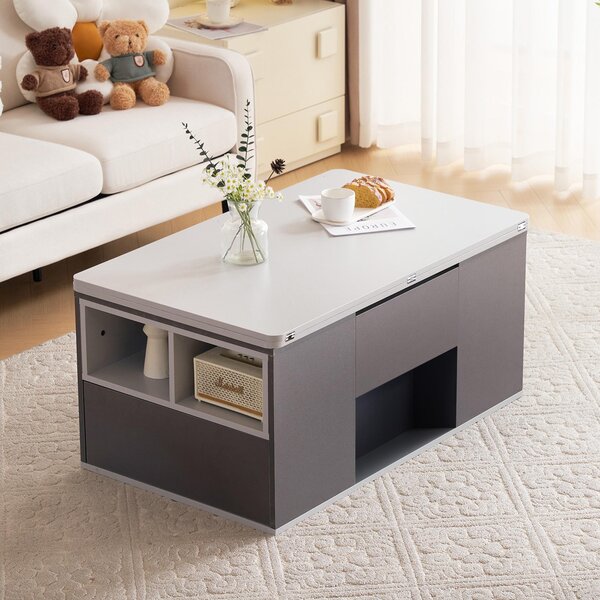Lift-Top Coffee Table with 2 Push-to-Open Drawers and 3 Open CompartmentsStorage, Desk for Dining/Work/Relax, 100L x 51W x 47H cm, Grey Aosom UK