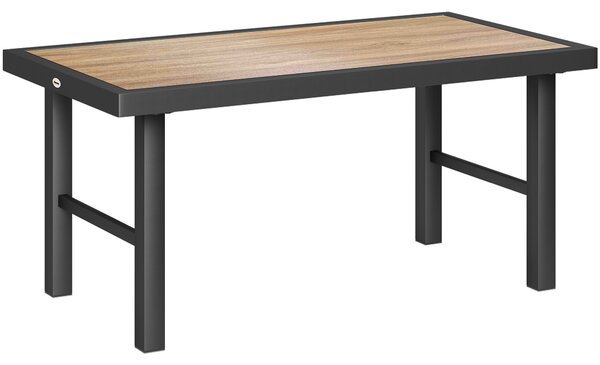 Outsunny Metal Garden Coffee Table, Outdoor Side Table with SPC Woodgrain Tabletop for Outside, Garden, Balcony, Porch, 100 x 53 x 46cm, Brown Wood Effect