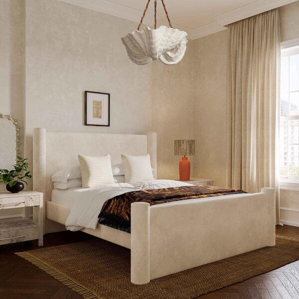 Athara King Bed with Channel-Tufted Tall Headboard for Extra Comfort, Kiln-Dried Wood Frame with Birch Legs, 225L x 191W x 128H cm, Cream Aosom UK