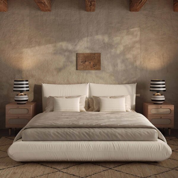 Romp 100% Recycled Linen King-Size Bed Frame with Sustainable Upholstery, Bed Base with Support Slats, 242L x 214W x 102H cm, Cream Aosom UK