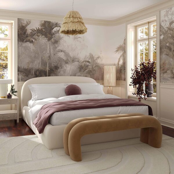 King Size Upholstered Bed Frame with Supportive Base, Bed Base with Easy Assembly and Fittings Included, 235L x 181W x 99H cm, Cream Aosom UK