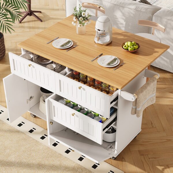 Rolling Mobile Kitchen Island with Drawers, Storage Cabinet, Multi-Functional Utility Cart with Drop Leaf, 133L x 70W x 88H cm, White Aosom UK