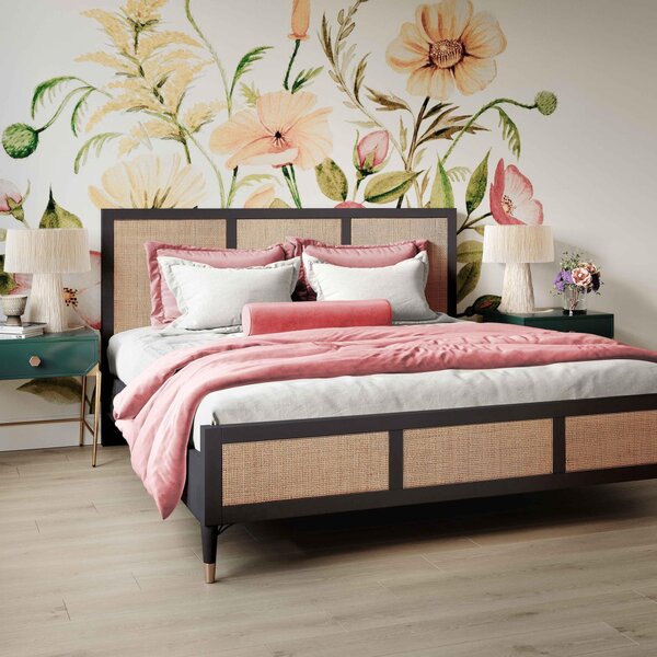 Handmade Upholstered King-Size Bed with Supportive Slatted Base Included, Bed Frame with Hardware, 215L x 156.5W x 120.5H cm, Black Brown Aosom UK