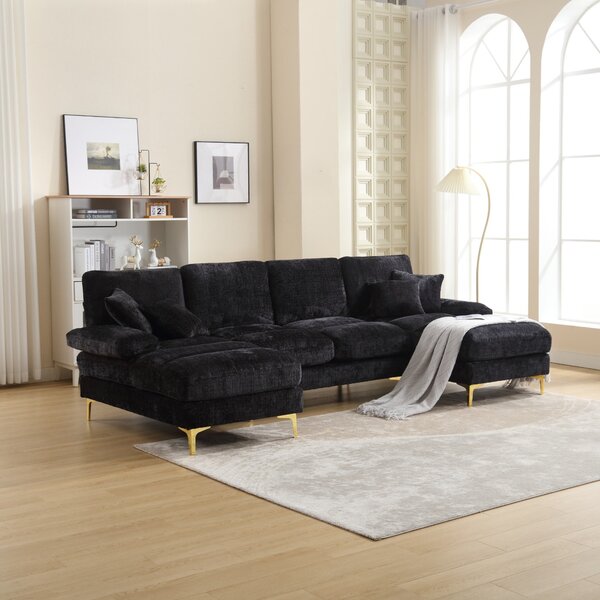Elegant U-Shaped Modular Sofa with Pillows, Double Chaise, Rubber Pads, Sectional Couch for Social Gatherings, 272L x 136W x 88H cm, Black Aosom UK