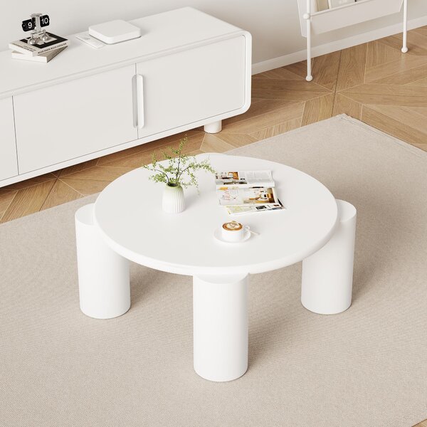 Minimalist Modern Coffee Table with Smooth Rounded Edges, Easy Assembly, Round Coffee Table with Sturdy Support for Living Room, 70L x 70W x 39.5H cm, White Aosom UK