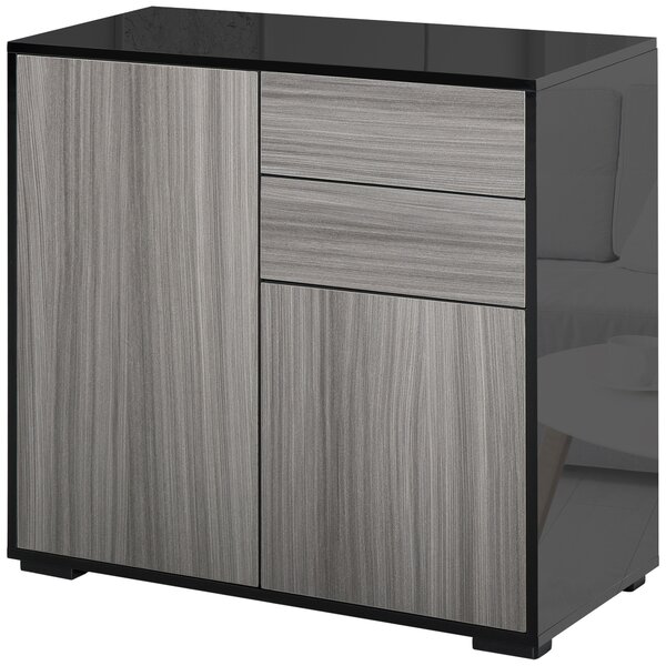 HOMCOM Modern Stylish Freestanding Push-Open Design Cabinet with 2 Drawer, 2 Door Cabinet, 2 Part Inner Space-Light Grey and Black Aosom UK