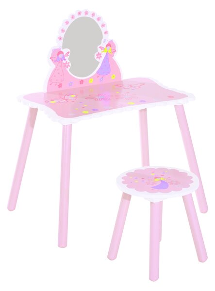 HOMCOM Kids Dressing Table Girls Pink Wooden Kids Dressing Table & Stool Make Up Desk Chair Toys Fairy Dresser Play Set w/Mirror Aosom UK