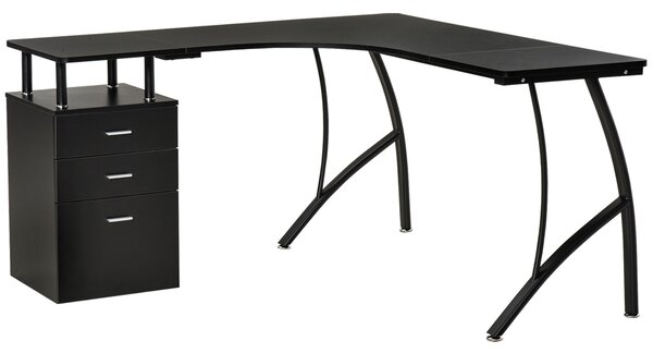 HOMCOM L-Shaped Computer Desk Table with Storage Drawer Home Office Corner Industrial Style Workstation, Black