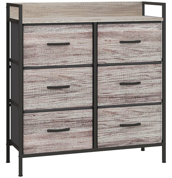 HOMCOM Rustic Chest of Six Fabric Drawers - Grey Wood Effect Aosom UK