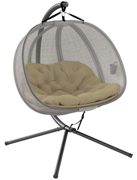 Outsunny Double Hanging Egg Chair 2 Seaters Swing Hammock Chair with Stand, Cushion and Folding Design, for Indoor and Outdoor, Brown Aosom UK