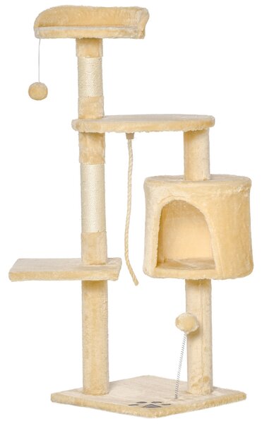 PawHut Cat Tree House, Multi-Level Activity Centre with Scratching Posts, 114 cm High, Beige