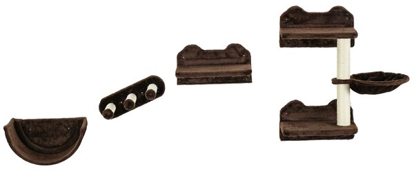 PawHut 4PCs Wall-Mounted Cat Shelves w/ Scratching Post, Hammock, Nest - Brown Aosom UK