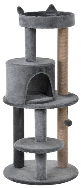 PawHut Deluxe Cat Tree with 3-Tier, Scratching Posts, Play Ball, and Plush Toy for Climbing and Relaxing, Grey Aosom UK