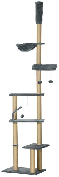 PawHut Floor to Ceiling Cat Tree, 6-Tier Climbing Activity Centre with Scratching Post, Hammock, Adjustable Height 230-250cm, Grey Aosom UK
