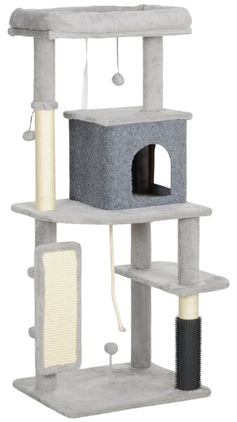 PawHut 132cm Cat Tree w/ Scratching Posts, Pad, Cat Bed, Cat House, Jumping Platform, Grooming Brush, Anti-Tip Kit, Light Grey Aosom UK