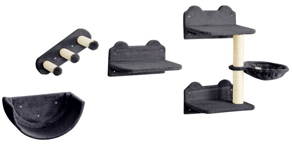 PawHut 4PCs Wall-Mounted Cat Shelves w/ Scratching Post, Hammock, Nest - Dark Grey Aosom UK