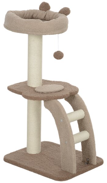 PawHut Cat Tee for Indoor Cats, 88cm Cat Tower with Sisal Scratching Post, Hanging Ball, Large Cat Perch, Stairs, Brown Aosom UK