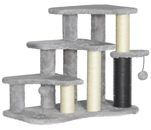 PawHut Pet Stairs w/ Scratching Tickling Post, Cat Tree 2 in 1 with 2 Toy Balls, Suitable for Cats under 5kg for Bed, Sofa, Light Grey Aosom UK