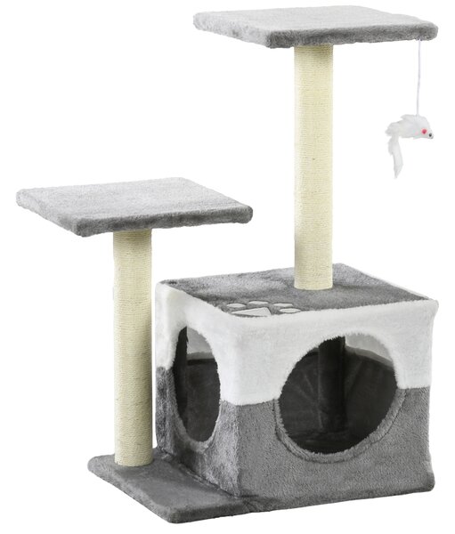 PawHut Deluxe Cat Climber: Sisal Scratching Posts, Cosy Condo, Elevated Perches & Playful Mouse, Sleek Grey Aosom UK