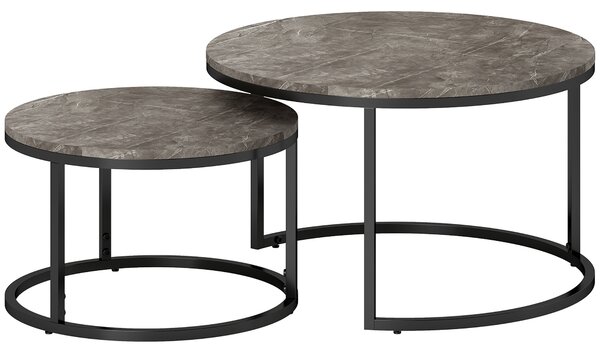HOMCOM Industrial Nesting Coffee Table Set of 2, Round Coffee Tables, Living Room Table with Faux Marbled Top and Steel Frame