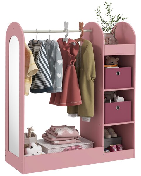 AIYAPLAY Kids Clothes Rail with Storage Shelf, Boxes, Mirror for Bedroom, Nursery, Pink Aosom UK