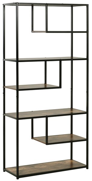 HOMCOM Wood Shelf Bookcase Industrial Style Stand 6-Staggered Shelf Living Room Display Rack Organiser Aosom UK