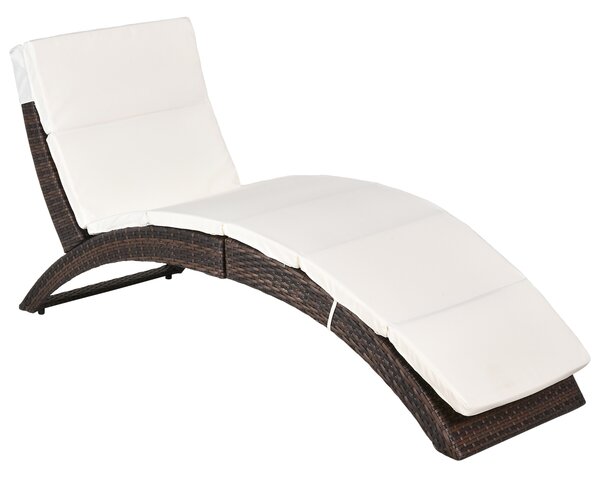 Outsunny Garden Patio Rattan Wicker Folding Sun Lounger Recliner Bed Chair with Cushion for Outdoor, Mixed Brown, White