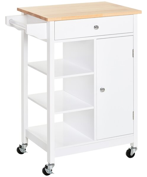 HOMCOM Kitchen Trolley with Wood Top, 3 Shelves, Drawer and Wheels, Compact Storage Unit, White Aosom UK