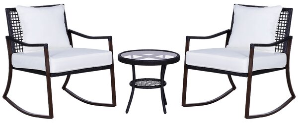 Outsunny 2 Seater Rattan Bistro Set 2 Rocking Armchair with Pillow Cushion & Tempered Glass Round Coffee Table Wicker Weave Furniture, Brown