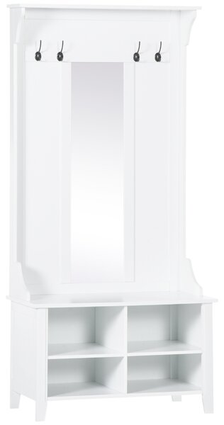 HOMCOM Entryway Storage Solution, Shoe Bench with Mirror, Coat Rack, Organiser Shelves, 4 Hooks, White Aosom UK