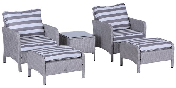 Outsunny 2 Seater PE Rattan Garden Furniture Set, 2 Armchairs 2 Stools Glass Top Table Cushions Wicker Weave Chairs Outdoor Seating - Grey Aosom UK
