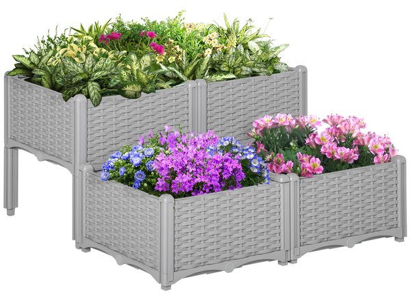 Outsunny Set of 4 Garden Raised Bed Elevated Patio Flower Plant Planter Box PP Vegetables Planting Container, Grey Aosom UK