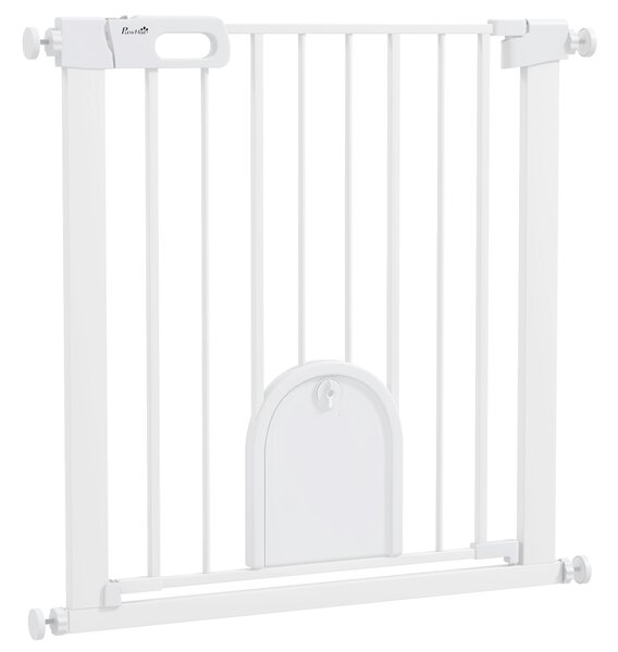 PawHut 75-82cm Pet Safety Gate with Double Locking, Pressure Fit Stair with Cat Flat for Doorways, Hallways, White Aosom UK