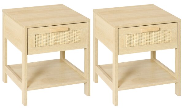 HOMCOM Bedside Nightstand Set of 2, with Rattan Drawer and Storage Shelf, for Bedroom, Living Room Aosom UK