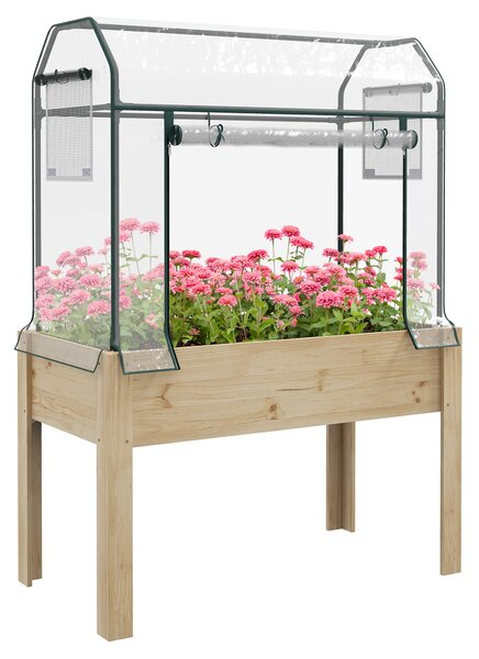 Outsunny Wooden Planter Box with Greenhouse Cover and Bed Liner, Raised Garden Bed for Vegetables, Flowers, Herbs Aosom UK