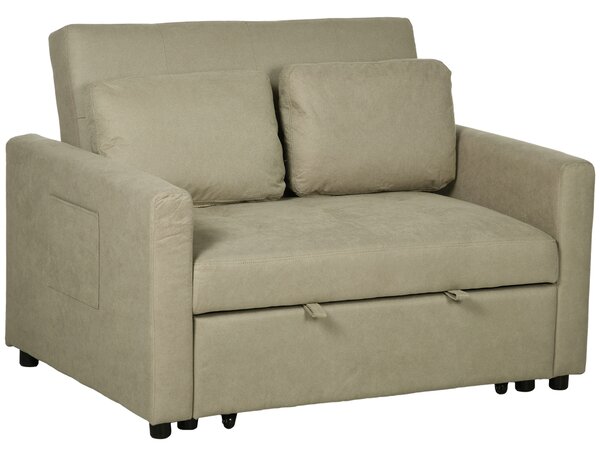 HOMCOM Loveseat Sofa Bed, Convertible Bed Settee with 2 Cushions, Side Pockets for Living Room, Light Brown