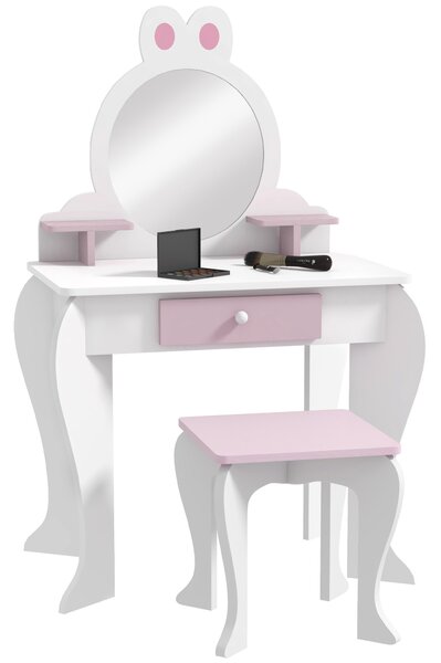 ZONEKIZ Bunny-Design Kids Dressing Table, with Mirror and Stool, Fun and Functional, White and Pink Aosom UK