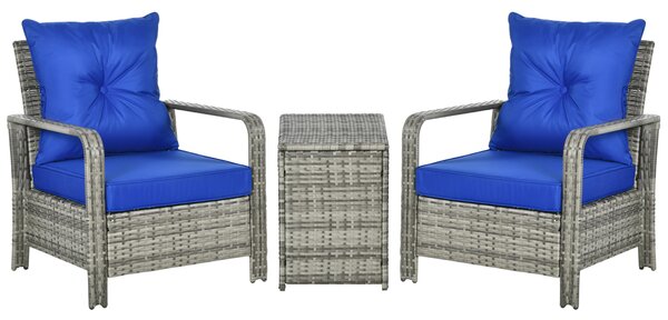 Outsunny 3 pcs PE Rattan Wicker Garden Furniture Patio Bistro Set Weave Conservatory Sofa Storage Table and Chairs Set Blue Cushion Grey Wicker