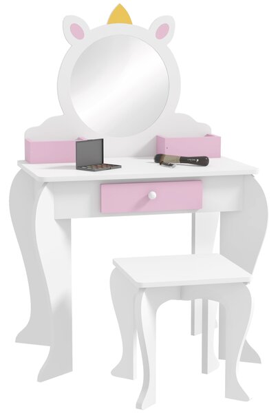 ZONEKIZ Kids Dressing Table, Unicorn Design with Mirror & Stool, Creative Play, White Aosom UK