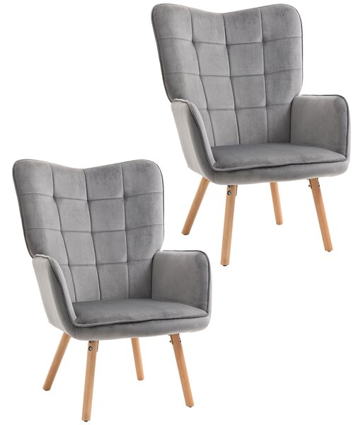 HOMCOM Plush Velveteen Armchairs: Tufted Wingback Duo for Lounging Luxury, Wooden Legs, Slate Grey