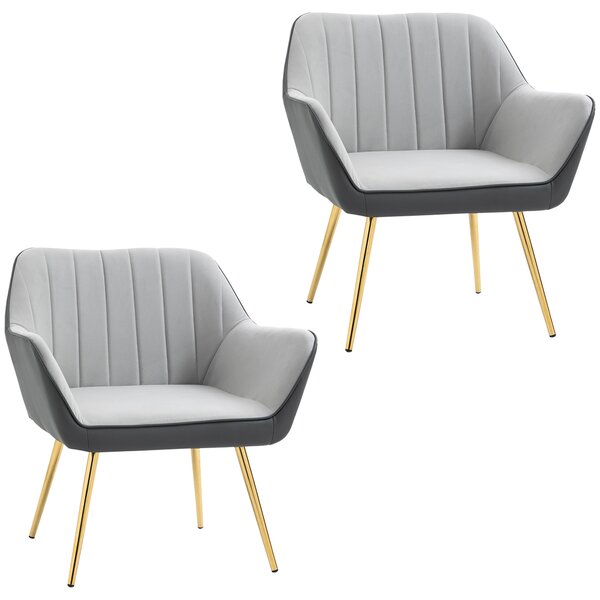 HOMCOM Velvet Armchair Set: Duo of Upholstered Accent Chairs with Golden Steel Legs, Modern Vanity Seating for Living & Bedroom, Light Grey Aosom UK