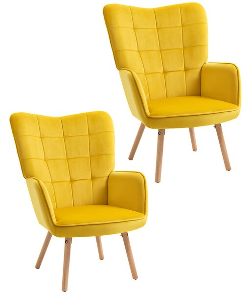 HOMCOM Modern Accent Chair Velvet-Touch Tufted Wingback Armchair Upholstered Leisure Lounge Sofa w/ Wood Legs, Set of 2, Yellow Aosom UK