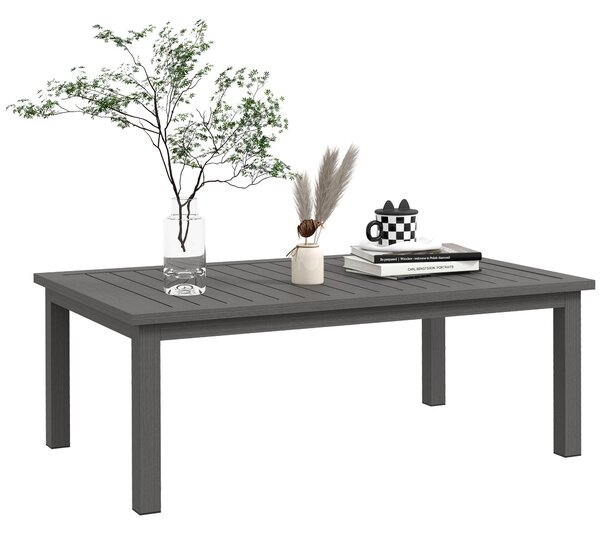 Outsunny Aluminium Patio Side Table, Brown, Slat Coffee Table with Wood Grain Effect, 100cm x 60cm, for Garden and Balcony Aosom UK
