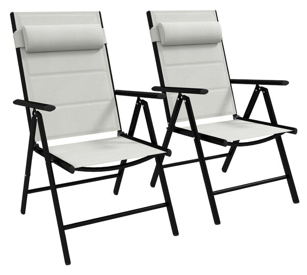 Outsunny Set of 2 Patio Folding Chairs w/ Adjustable Back, Garden Dining Chairs w/ Breathable Mesh Fabric Padded Seat, Headrest, Light Grey Aosom UK